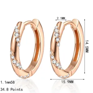 Rose gold twisted moissanite hoop earrings with dimensions 14.5mm height and 15.9mm diameter