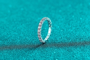 Macro shot of S925 sterling silver full eternity ring with round moissanite stones