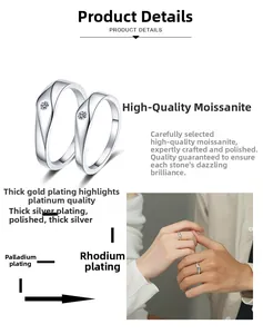 Detailed view of wave-textured moissanite couple rings with multi-layer thick plating