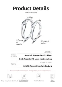 Detailed size specifications for 925 silver moissanite rings showing band width and weight