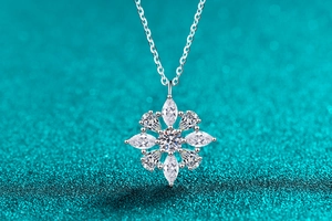Macro detail of snowflake pendant featuring pear cut moissanite in S925 sterling silver
