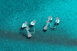 Macro view of S925 sterling silver tassel earring with sparkling moissanite stones