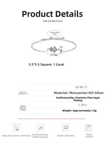 Detail guide for S925 silver moissanite bracelet with 1ct square stone and size info