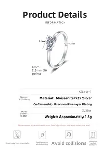 Tableau détaillé des dimensions de la bague en argent 925 avec moissanite de 0,36ct