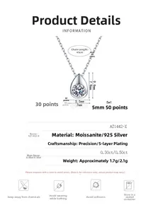 Detailed size specifications for S925 silver waterdrop moissanite necklace with 45cm chain