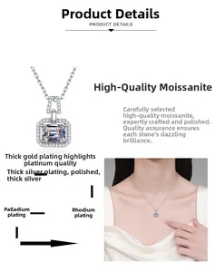 Detailed view of square-cut moissanite necklace with plated finish and layered small diamonds