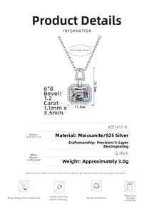 Detailed view of emerald cut moissanite pendant with dimensions and silver specs