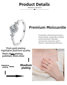 Detail of Moissanite ring with rhodium plating and stepped multi-stone geometric setting