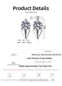 Detailed size chart for S925 sterling silver moissanite triangle stud earrings set