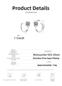 Détails des clous en argent S925 moissanite 1.0ct avec taille 11mm x 13.1mm