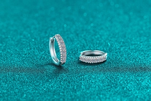 Macro shot of S925 sterling silver hoop earrings with double-row moissanite inlay