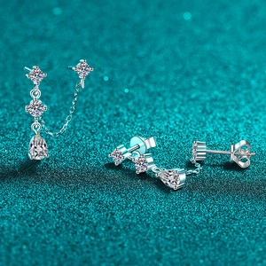 S925 sterling silver moissanite double stud earrings with tassel chain and pear-cut drop