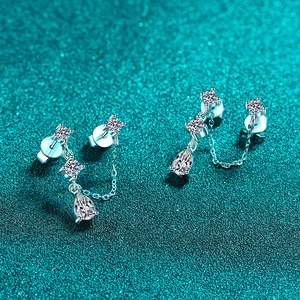 S925 Sterling Silver moissanite double stud earrings with chain and teardrop pendant