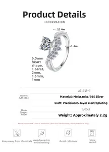 Detail view of 1.00ct heart-shaped moissanite ring with 925 sterling silver band
