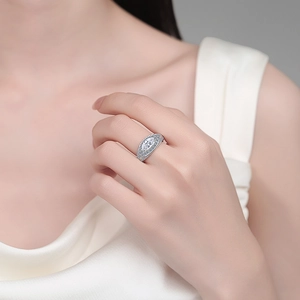 Luxurious S925 sterling silver marquise cut moissanite ring with pavé diamond setting