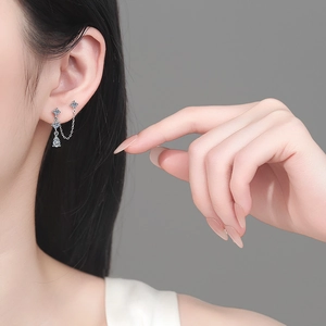 S925 sterling silver star stud earrings with chain and teardrop moissanite detail