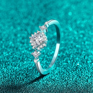 Square cut moissanite ring in S925 sterling silver with a halo setting and side stones