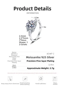 Vue détaillée d'une bague moissanite de 2 carats avec mesures de taille précises