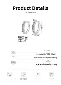 Detailed view of 925 silver moissanite hoop earrings with size 17.3mm and specs
