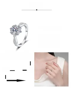 Detail of sunflower-shaped moissanite ring with twisted pavé band and rhodium plating