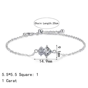 S925 sterling silver moissanite bracelet with square pendant and 20cm chain