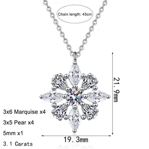 S925 sterling silver snowflake pendant necklace with pear and marquise moissanite stones