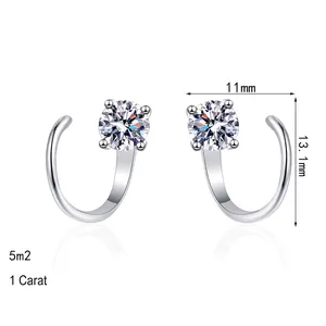 Boucles d'oreilles clous en argent S925 en forme de C avec moissanite de 1 carat