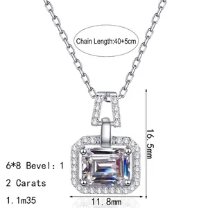 S925 sterling silver moissanite necklace with 2ct rectangular pendant and dimensions