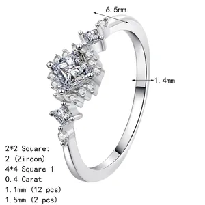 Square S925 sterling silver moissanite ring with side stones in luxury geometric design