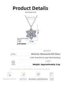 Vue détaillée du pendentif flocon en argent S925 avec dimensions et spécifications