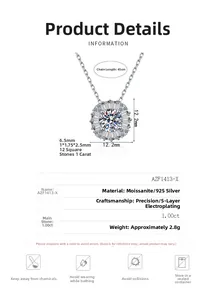 Détails techniques du pendentif en argent 925 avec moissanite et chaîne de 45 cm de long