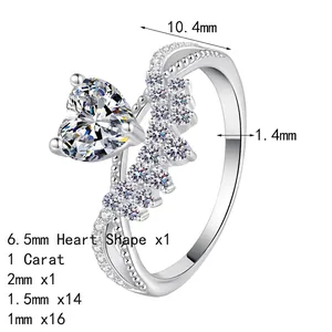 925 Sterling silver ring with a 1-carat heart-shaped moissanite in a floral setting