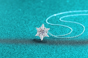 Detailed close-up of a snowflake S925 sterling silver necklace with sparkling moissanite