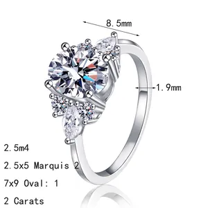 Bague luxe en argent S925 avec moissanite 2ct et pierres latérales marquise chic