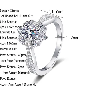 Luxurious S925 silver oval moissanite ring with floral cluster setting and intertwined band