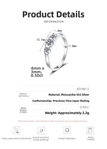 Detailed view of 925 silver moissanite ring with precise size specifications and material specs