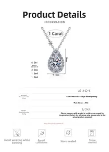 Detailed specs for 925 silver 1ct moissanite teardrop pendant showing size and weight