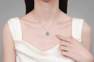 Detailed close-up of a S925 sterling silver snowflake pendant with moissanite crystals