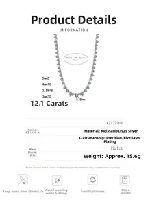 Detailed size specifications and material chart for S925 moissanite silver necklace
