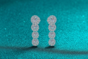 Close-up of luxury S925 silver moissanite drop earrings with sparkling round clusters
