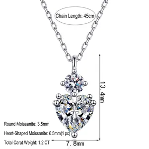 Collier en argent S925 élégant avec pendentif coeur moissanite 1.2ct, chaîne de 45cm
