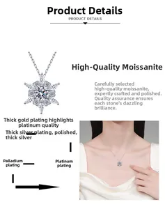 Detail showing snowflake moissanite pendant with thick gold plating and model wearing view
