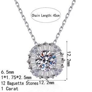 Luxueux collier en argent sterling S925 avec pendentif moissanite rond 1 carat