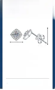 Macro detail of S925 silver moissanite stud earrings showing 8mm square dimension