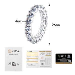 Macro shot of 4mm moissanite eternity ring with full GRA certification and warranty card