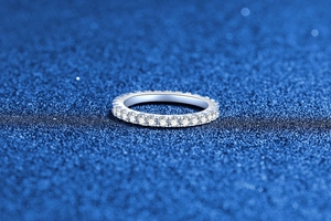 Macro view of full eternity band ring in S925 sterling silver with sparkling pave stones