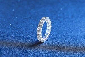 Macro view of S925 sterling silver eternity band with full circle moissanite setting