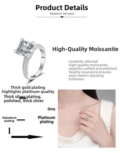 Détails de la bague en moissanite taille carrée avec placage or et anneau pavé