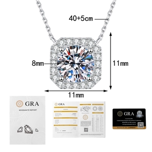 Macro shot of 925 silver halo moissanite pendant with size details and GRA certificate