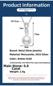 Detailed spec view of S925 silver infinity necklace with 8mm pearl and moissanite stone